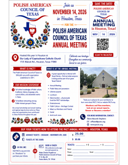 lyer for the Polish American Council of Texas (PACT) Annual Meeting on November 14, 2026 in Houston at Our Lady of Częstochowa Catholic Church. Advance tickets $25 (deadline November 4); $30 at the door. Includes event details, mission, registration options, and contact information.