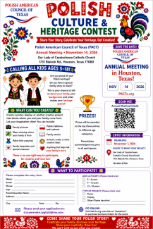 Flyer for the Polish American Council of Texas (PACT) Annual Meeting on November 14, 2026 in Houston at Our Lady of Częstochowa Catholic Church. Advance tickets $25 (deadline November 4); $30 at the door. Includes event details, mission, registration options, and contact information.